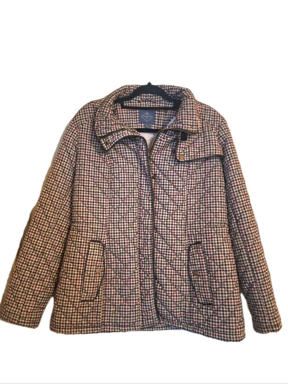 St. John's Bay Womens Large Brown Tan Plaid Quilted Puffer Coat Full Zip EUC